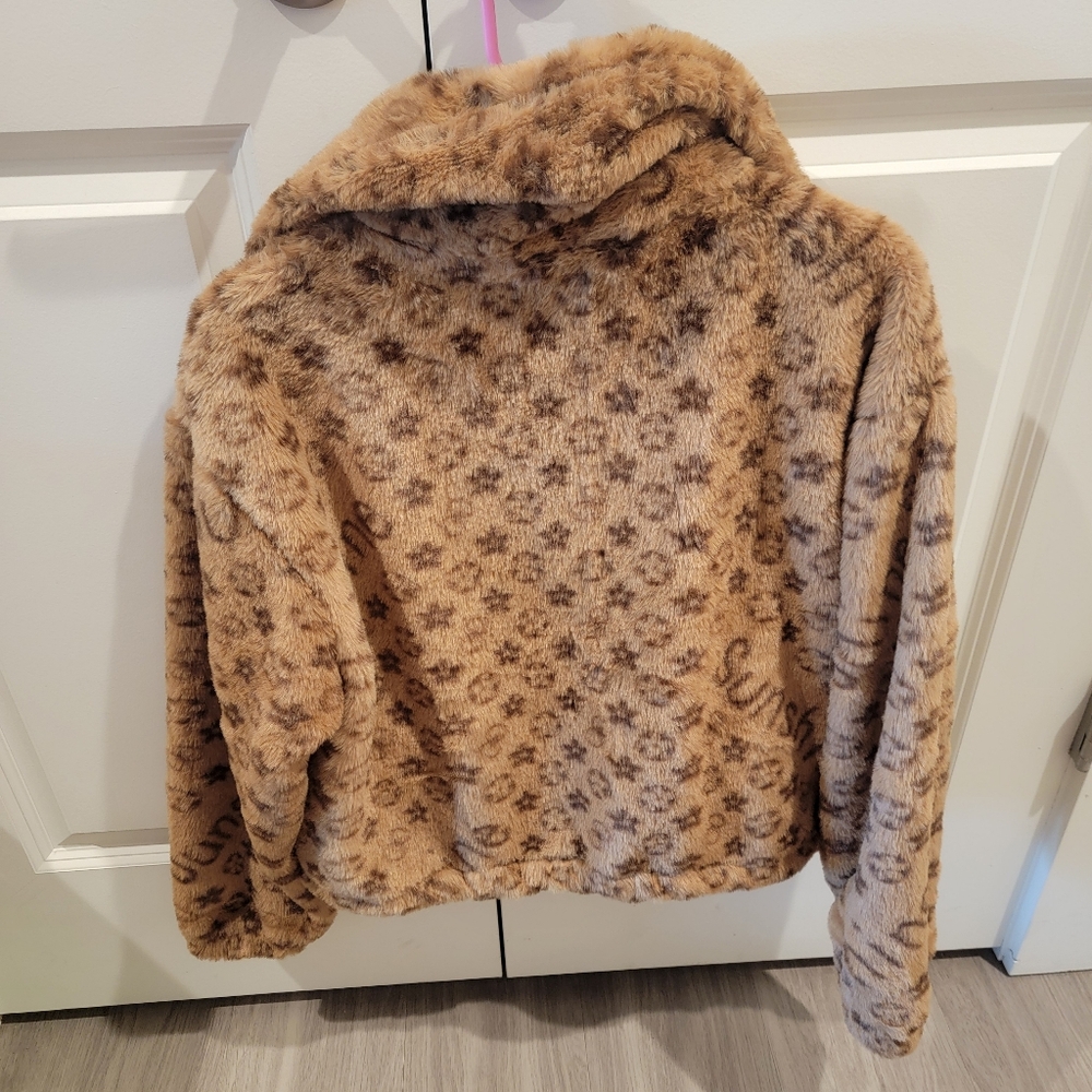 Brown Fuzzy Jacket with Monogram Pattern - image 2